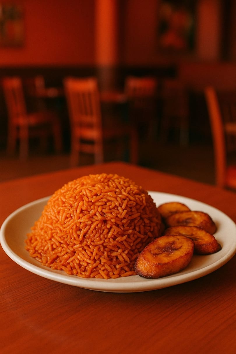 A plate of vibrant orange jollof rice and golden-brown fried plantains on a wooden table.