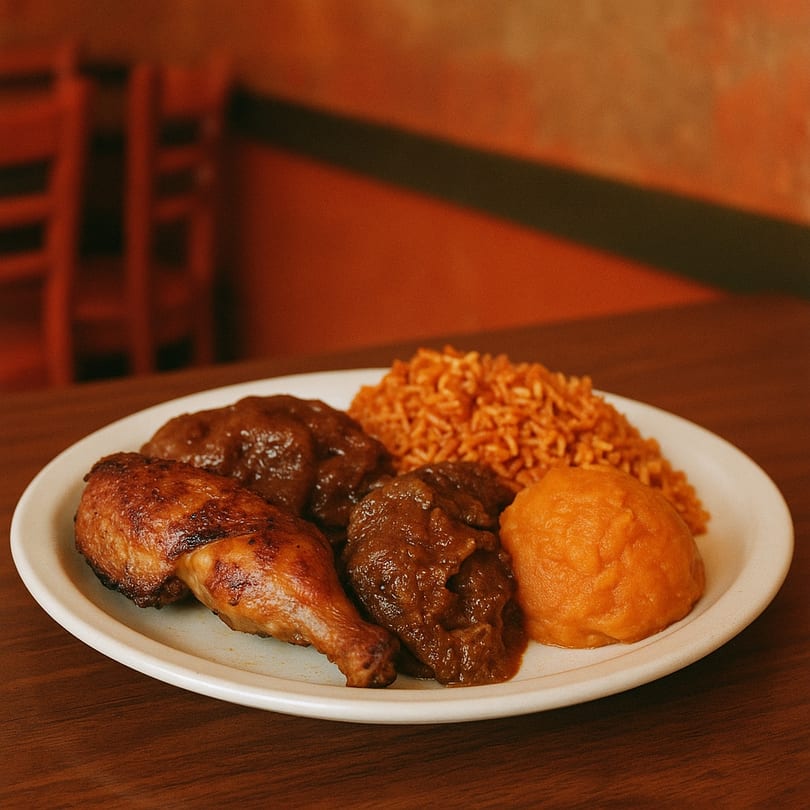 A plate of African food with roasted chicken, jollof rice, and two mounds of stew.