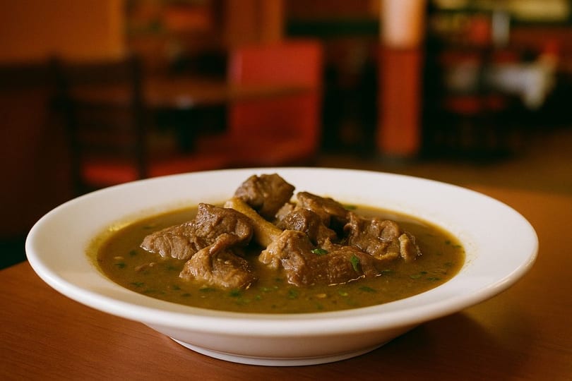 A white bowl of African stew with chunks of meat and green herbs in a rich brown broth.
